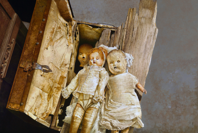 old dolls in a trunk acrylic painting